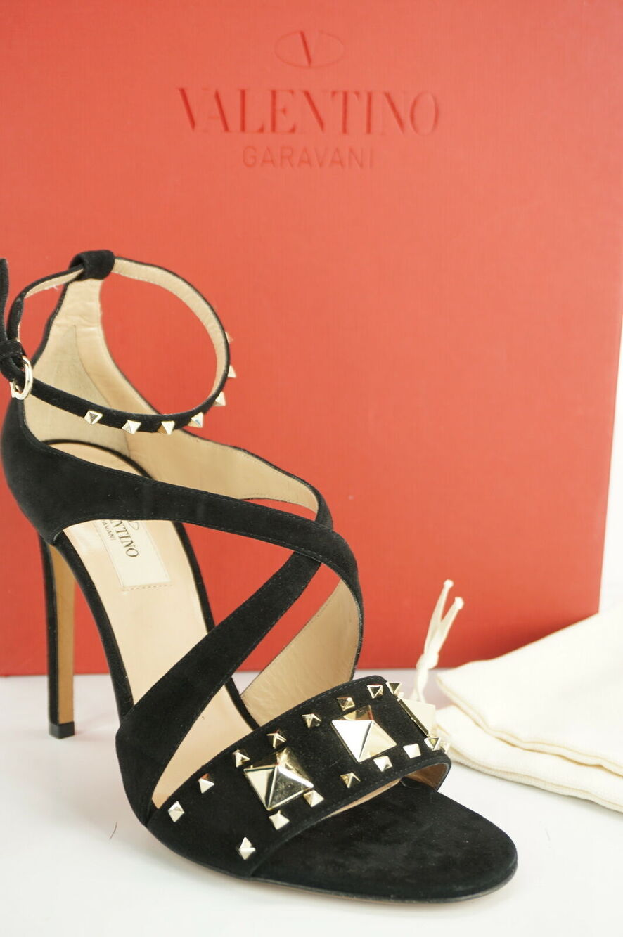 Valentino Black Suede Rockstud Cross Strap High Heel Sandals Size 36 NIB $1085